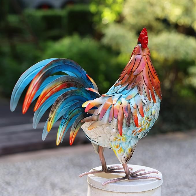 Metal Rooster Decor Garden Statue,Yard Chicken Decorations Outdoor Sculpture for Backyard Patio Kitchen Lawn Ornaments,Birthday Housewarming Gifts for Women Mom