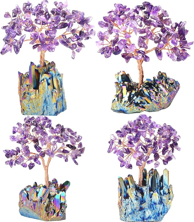 Natural Amethyst Crystal Tree, Quartz Cluster Rainbow Titanium Crystals Base, Feng Shui Bonsai Money Tree for Wealth and Luck