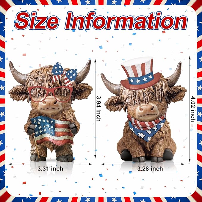 Karenhi 2 Pcs Veterans Day Highland Cow Figurines Patriotic American Flag Highland Cow Gnomes Red White and Blue Scottish Resin Statue for Home Garden Kitchen Office Tiered Tray Table Decor