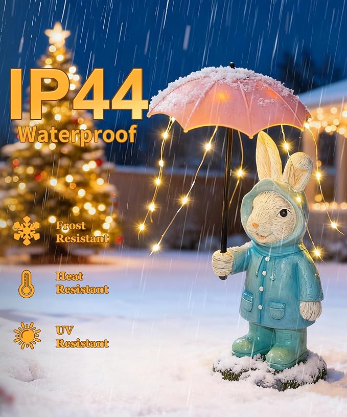Solar Rabbit Garden Statue Outdoor Decor, Bunny Figurines Lights with Umbrella for Outside Yard Lawn Ornaments,Gifts for Mother's Day Birthday Easter Housewarming