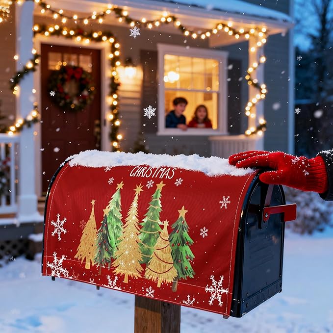Blosssound Christmas Mailbox Cover Magnetic Standard Size 21 x 19 Inch, Winter Mailbox Cover Xmas Tree Decorative Post Letter Box Decor for Garden Yard Outdoor(Christmas Tree)