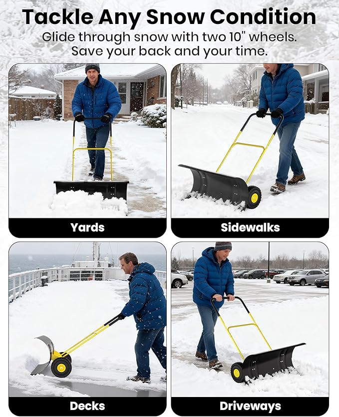 Snow Pusher with Wheels for Driveway, 36" Wide Heavy Duty Steel Blade, 2-Position Height Adjustment & 60° Tilt Handle, Ergonomic Push Snow Shovel with Ground Protection for Effortless Snow Removal