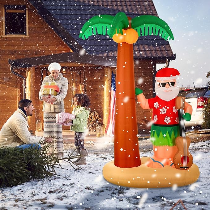 Liliful 8 Ft Tall Christmas Santa Inflatable Outdoor Decorations Hula Santa Claus on Beach Palm Tree Outdoor Xmas Blow Up Yard Decoration with LED Lights for Christmas Party Outdoor Garden Lawn Patio