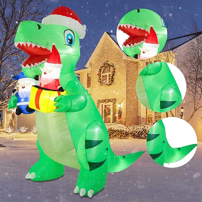 Vipush 8 FT Christmas Inflatable Decorations Dinosaur Christmas Decorations Outdoor Inflatable with LED Light, Outdoor Holiday Decor Blow Up Yard Decor