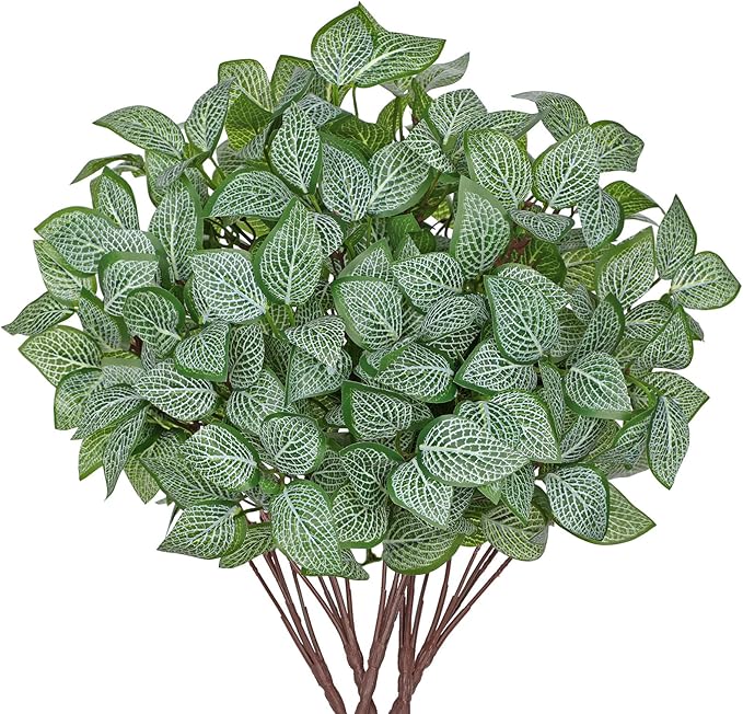 Hollyone 5 Bundles Artificial Greenery Plants Stems Faux Fittonia Leaves Plant Bouquet Fillers for Arrangement, Fake Shrub Bushes Plants for Home Centerpiece Indoor Outdoor Garden Patio Porch