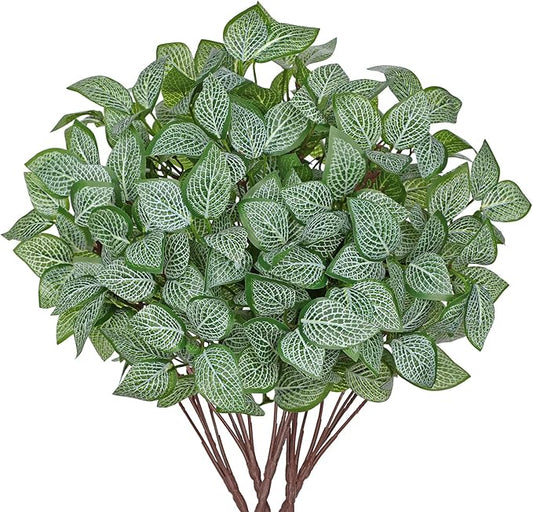 Hollyone 5 Bundles Artificial Greenery Plants Stems Faux Fittonia Leaves Plant Bouquet Fillers for Arrangement, Fake Shrub Bushes Plants for Home Centerpiece Indoor Outdoor Garden Patio Porch