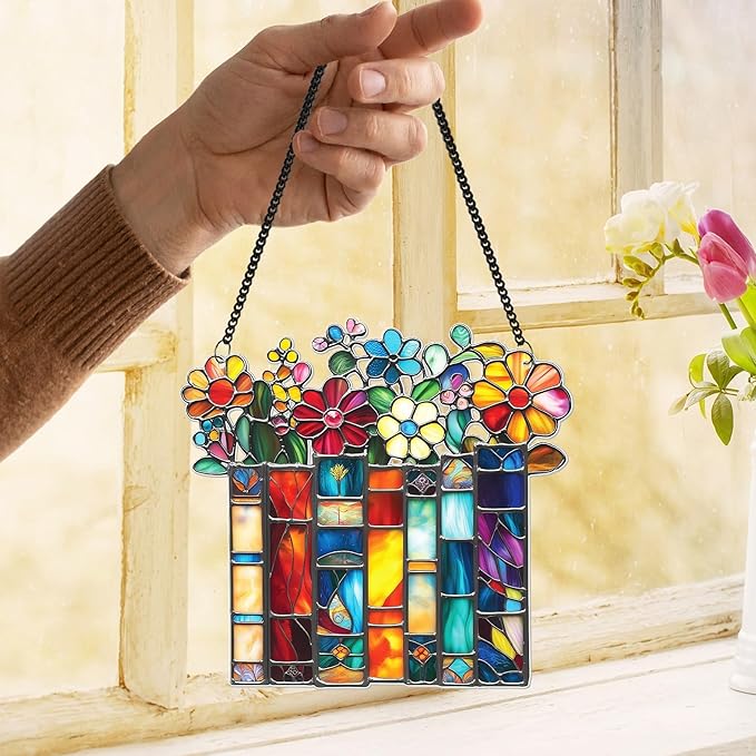 2 Book Floral Shelf Suncatchers Window Hanging Acrylic Ornaments Back to School Teacher Appreciation Gifts, Book Lover Gifts for Women Librarians Readers Bookshelf Decor for Home Library SS345