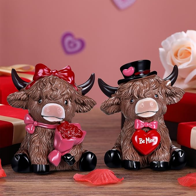 Karenhi 2 Pcs Valentine's Day Highland Cow Figurines Love Heart Rose Highland Cow Gnomes Scottish Resin Statue Calf Lovers Romantic Gifts for Valentines Home Kitchen Office Tiered Tray Table Decor