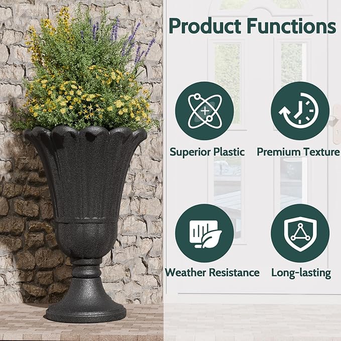 23.6" Tall Plastic Urn Planters for Outdoor Plants, Set of 2 Heavy-Duty Classic Indoor Large Flower Pots with Drainage Holes & Petal Design, Outdoor Planters for Porch, Home Garden, Black