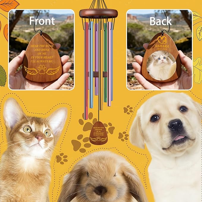 Personalized Pet Memorial Wind Chimes Custom - Custom Dog Memorial Wind Chime - Bereavement Gift for Pet Loss, Healing Wind Chimes for Loss of Cat (Standard Shapes)