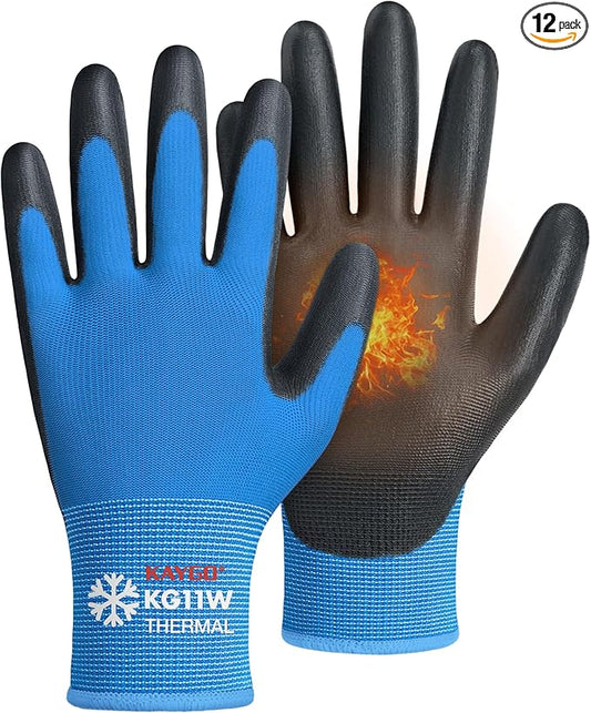 KAYGO Winter Work Gloves for Men and Women, 12 Pairs Thermal Insulated Safety Work Gloves PU Coated, Smooth Grip on Palm & Fingers,Ideal for Freezer Work,Blue,L