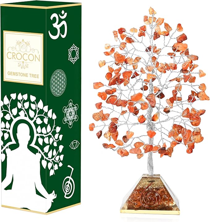 Carnelian Crystal Tree with Orgone Pyramid Base Orange Desk Decor Healing Crystals Bonsai Tree Orange Gifts for Women Office & Shelf Home Room Decor For Mom Sister Girlfriend Present Housewarming