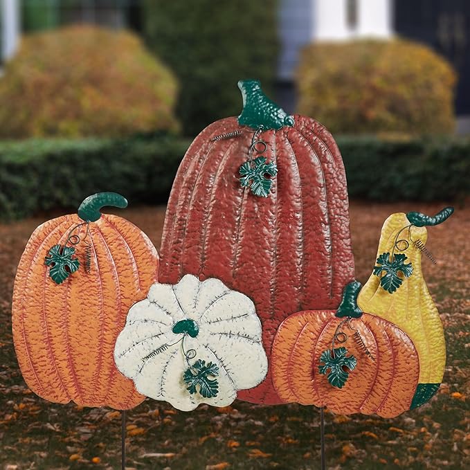 Touch of Class Fall Harvest Pumpkin Yard Stake | Handpainted Metal Outdoor Decoration | Textured Pumpkins, Gourd, Leaves, and Vines | 37" H Autumn Garden and Porch Patio Seasonal Decor