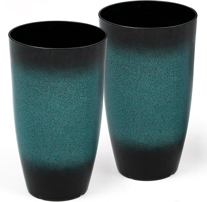 23.8" Tall Pots for Plants Ceramic Style Large Plant Pot Outdoor Set of 2 Indoor Flower Pots for Front Porch Decor Durable Plastic Planters for Garden, Patio, Living Room, Turquoise