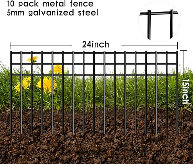24x15-inch No Dig Animal Barrier Fence, 10 Pack Black Dig Protective Fence with 1.5 inch Spike spacing, Dog/Rabbit/Groundhog Underground Defence, for Outdoor Garden Patio