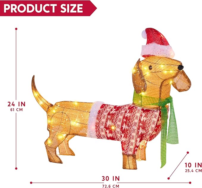 JOYIN Lighted Wiener Dog Christmas Decorations Outdoor, 40 LEDs Warm White Tinsel Dachshund Lights for Christmas Yard Decor, Light Up Xmas Lawn Ornaments with Metal Stakes for Outside Porch Garden