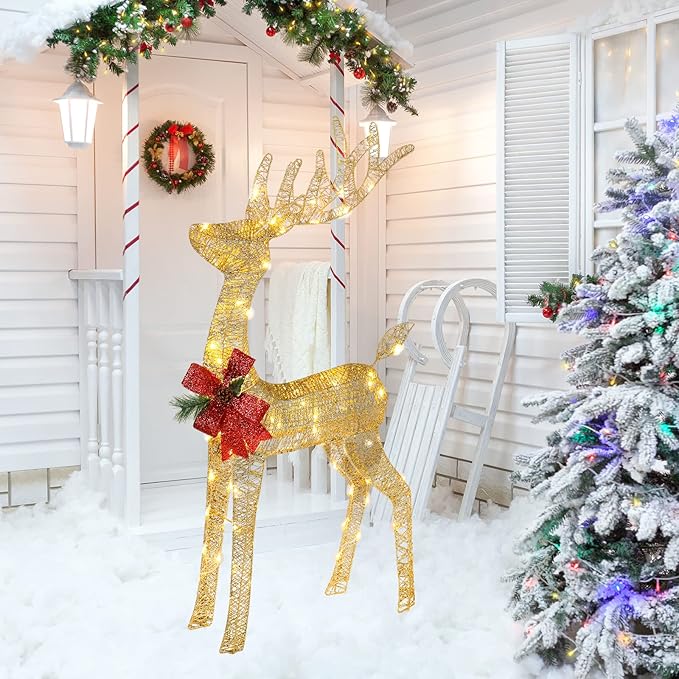 VINGLI Lighted Christmas Reindeer Outdoor Decorations, 4 FT Gold Reindeer with Santa’s Sleigh, Pre-lit 90 LED Lights, Weatherproof Christmas Yard Lawn Porch Decor with Stakes & Zip Ties
