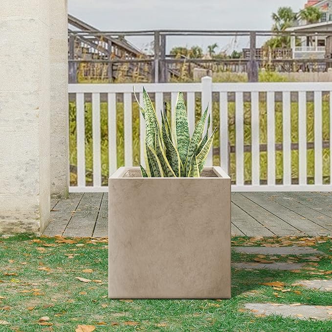 Kante 16 Inch Square Concrete Planter for Outdoor Indoor Home Patio Garden, Large Plant Pot with Drainage Hole and Rubber Plug, Weathered Concrete