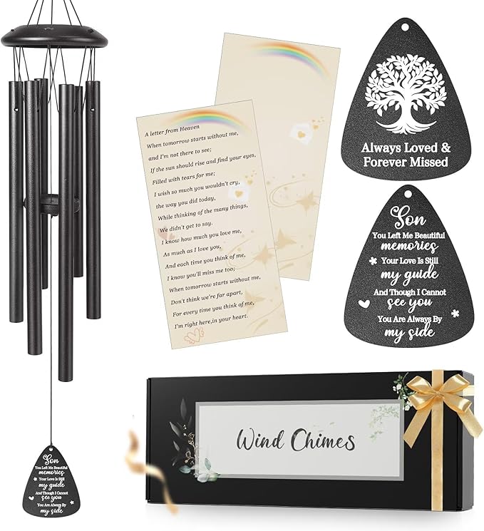 Memorial Gifts for Loss of Son, 25''Memorial Wind Chimes for Loss of Son Gifts, Condolence/Remembrance/Bereavement Gift,Windchimes in Memory Sympathy Gift,Funeral Decor for Garden Outside,Black