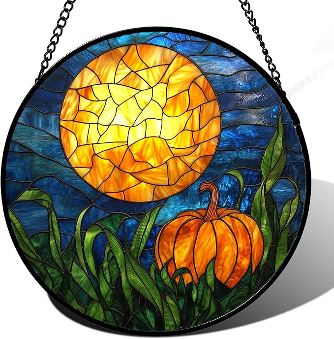Stained Glass Window Hanging - Halloween Decorations Orange Pumpkin Moon Suncatcher for Doors Garden Indoor Spooky Funny Sun Catchers Gothic Decor Horror Gifts for Women Men Friend 15 in
