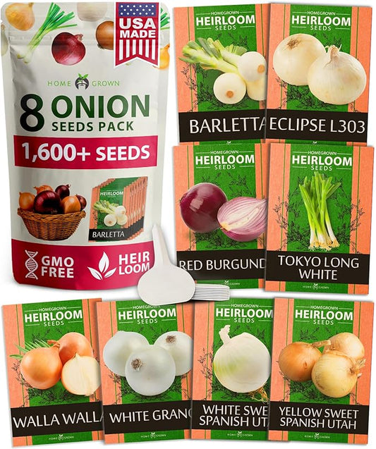 HOME GROWN 8 Onion Seeds for Planting – 1,600 Heirloom Vegetable Seeds – Grow Sweet, Yellow, Red, Spanish, Green & Vidalia Onions in Outdoor or Indoor Home Garden