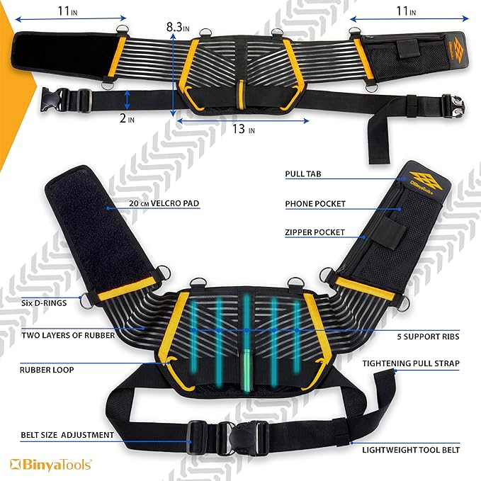 Tool Belt Back Brace Support Lumber Back Brace for Lifting Construction Electrician Tradesman Pro 2" Tool Belt for Men Orthopedic Ergonomic Lightweight with D Rings for Suspenders – Large