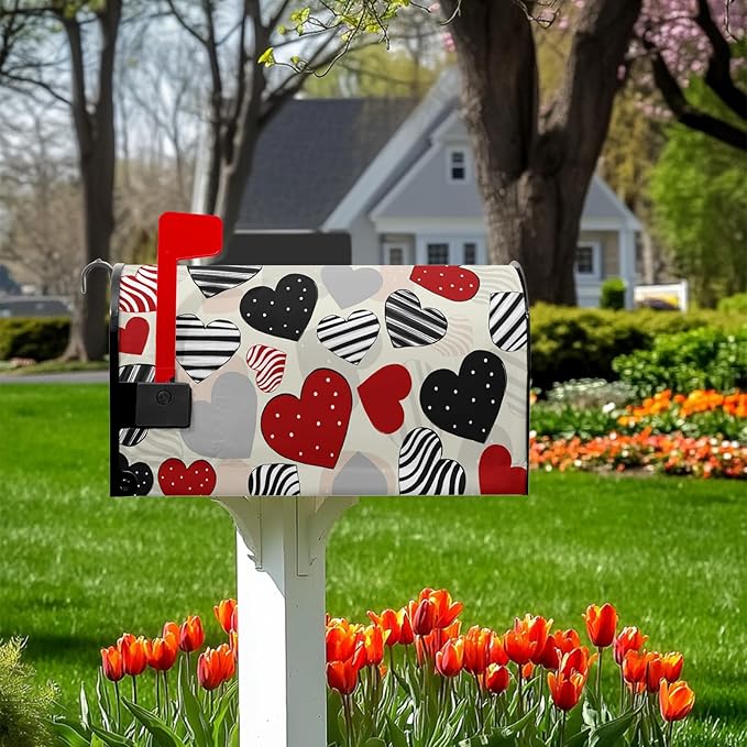 Valentines Day Magnetic Mailbox Covers Standard Size 18 X 21 Black Red Heart Mailbox Post Box Letter Box Cover for Welcome Outdoor Garden Yard Decoration