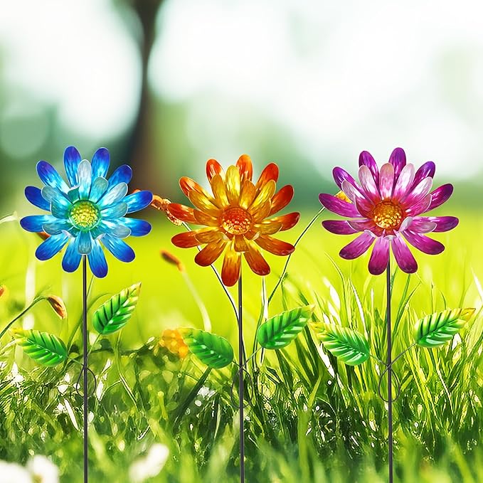 Metal Flower Garden Stake for Outside, 3 Pcs 16" H Outdoor Garden Stakes Decor, Yard Outdoor Ornaments for Patio, Lawn, Patio(Yellow & Purple & Blue)