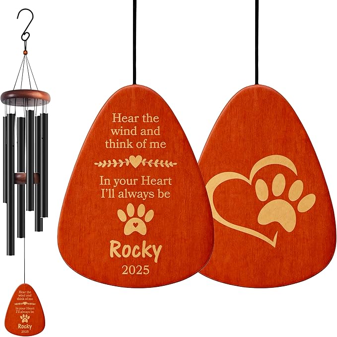 Personalized Pet Memorial Wind Chime - 37" Custom Engraved Pet Loss Gift with Name, Date & Quote - Drop Shape Wooden Pendant & Stainless Steel Tubes, Outdoor/Indoor Remembrance Wind Chime, Black D1