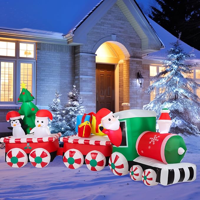 12FT Long Christmas Inflatables Decorations, Outdoor Santa Train Decoration, Giant Blow Up with with Built-in LED Lights for Yard Garden Lawn Holiday Decor