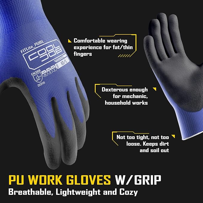 COOLJOB 60 Pairs Safety Work Gloves Pack Bulk with Grip PU Coating, 13 Gauge Seamless Knit Gloves with Polyurethane Dipped for Warehouse Working, Breathable Lightweight for Men Women, Blue Small