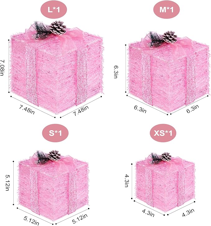 Set of 4 Pink Christmas Lighted Gift Boxes, Pre-lit Light up Present Set with Different Sizes for Holiday Indoor Outdoor Decorations - Battery Operated (Pink)