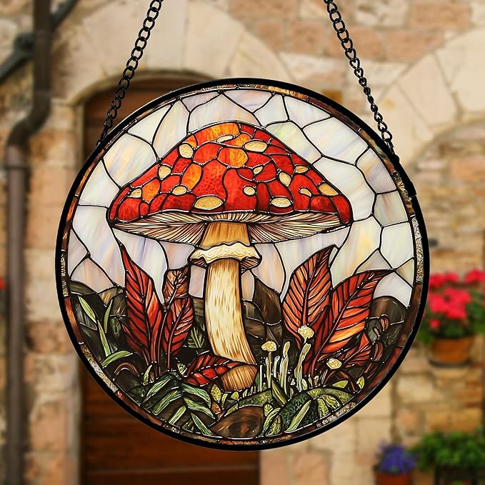 Stained Glass Window Hanging, Big Red Mushroom Suncatcher for Doors Home Sun Catchers Decoration and Christmas, Mother's Day Birthday Gifts for Women, Men, and Mom 11.8x11.8 in