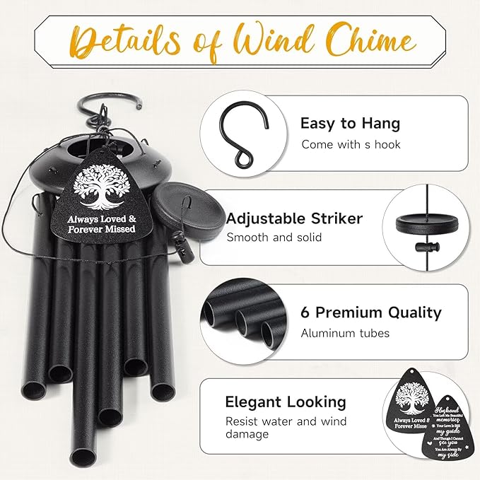 Memorial Gifts for Loss of Husband, 25''Memorial Wind Chimes for Loss of Husband, Condolence/Remembrance/Bereavement Gifts,Windchimes in Memory Sympathy Gift,Funeral Decor for Garden Outside,Black