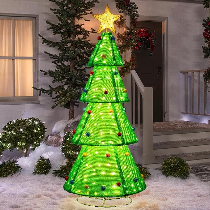 SUNJOY 6.4 FT Jumbo Christmas Lighted Tree, 3D Tinsel Santa Holiday Tree Outdoor Garden Yard Lawn Festive Holiday Decoration with Lights for Indoor & Outdoor