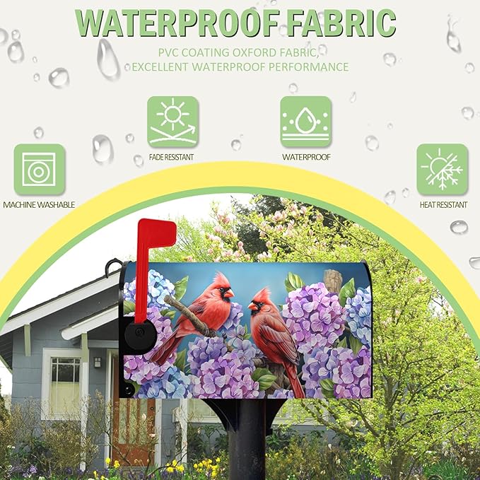 Spring Mailbox Covers Magnetic Oversized Cardinal Hydrangea Mailbox Post Cover Summer Flowers Bird Mailbox Wrap Colorful Floral Mailboxs Waterproof for Garden Yard Large Size 25.5x21 Inch