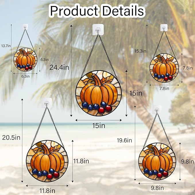 Stained Glass Window Hanging Fall Pumpkin Berries 7.8" - Suncatcher Door Garden Kitchen Sunroom Sun Catcher Autumn Home Decor Birthday for Mom Grandma Men Woman