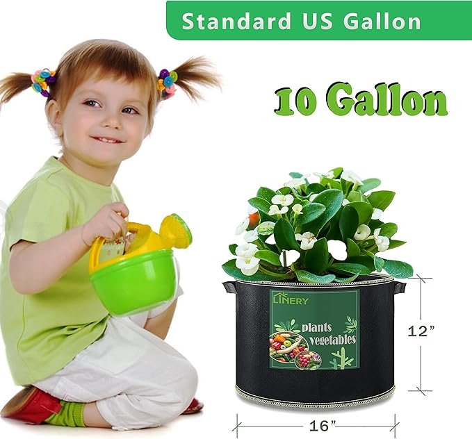 LINERY 10-Pack 10 Gallon Grow Bag Planting Black Heavy Duty Thickened Grow Bag with Handles Non-Woven Fabric Plant Pots (10-Pack 10 Gallon)