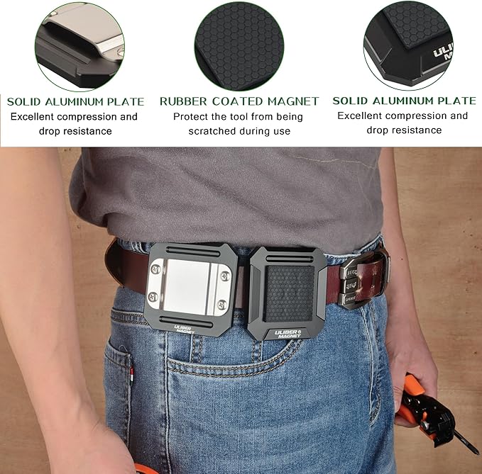 ULIBERMAGNET Tool Holster Kit,Magnetic Tool Holster & Drill Holder Belt Clip,Solid Aluminum Tools Holder Belt Clip for Screw,Wrench, Impact Driver,Cordless Drill,Tape Measure,Hammer,Nails
