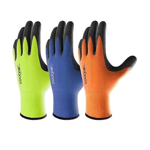 COOLJOB 3 Pairs Safety Work Gloves with Grip Latex, High-vis Assorted Colors in Orange Blue Yellow, Rubber Dipped Coating for Moving, Gardening, Farming, Package Handler Postal Worker, Small