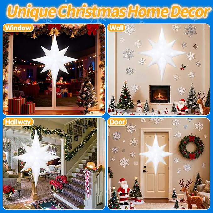 6FT Christmas Inflatable Bethlehem Star Outdoor Decorations Giant Blow Up Hanging Christmas Star Ornaments Winter Inflatables Built-in 5 LED Lights for Xmas Party Supplies Window Roof Wall Yard Decor