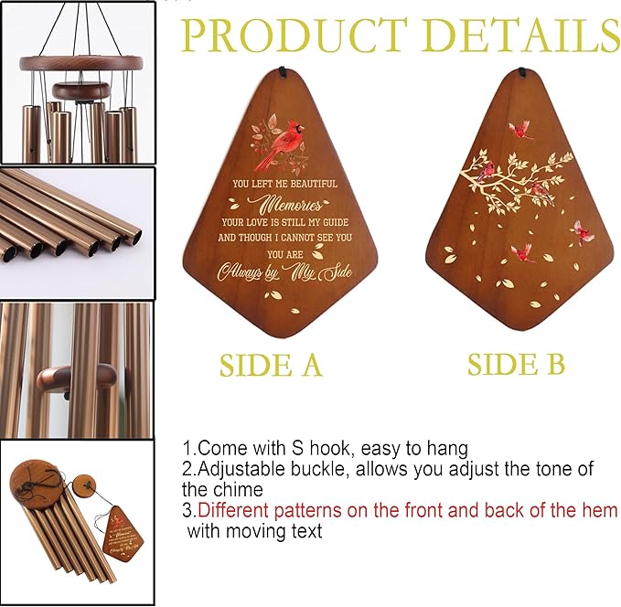 Memorial Sympathy Wind Chimes for Loss of Loved One 32'', Cardinal Wind Chimes in Memory of a Loved One, Cardinal Memorial Gifts, Bereavement Condolence Remembrance Gifts,Wooden,Brown