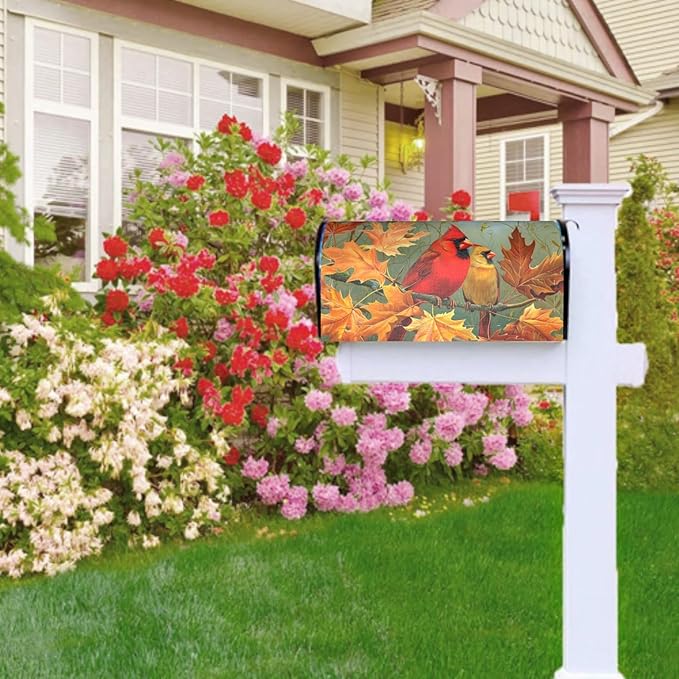 Fall Birds Mailbox Cover Magnetic, Autumn Maple Leaves Chestnut Tree Mailbox Wrap, Standard Size 21x18 Inch Waterproof Letter Post Cover for Garden Yard Outdoor Seasonal Decor