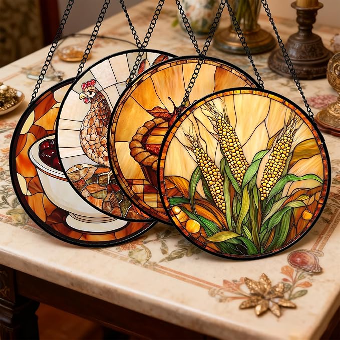 Stained Glass Window Hanging 4 Pcs Set Brown Turkey Berry Corn 6.3" - Suncatcher Door Garden Sun Catcher Decor Birthday Thanksgiving Mother's Day for Mom Woman Nana Men