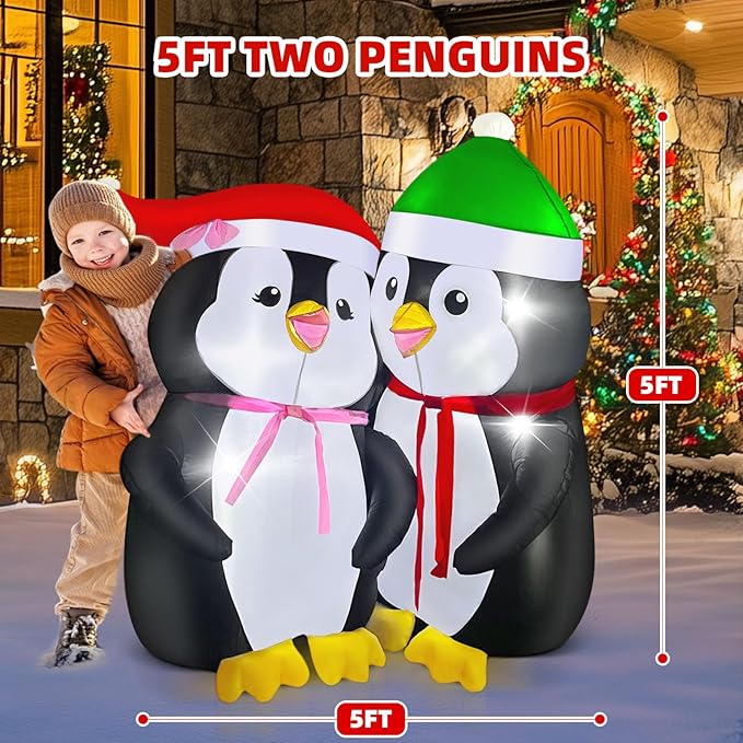 Christmas Inflatables Outdoor Decorations, with Rotating Colored Light+LED Lights, Large Blow Up Yard Decor,Christmas Party Outdoor, Yard, Garden, Lawn Winter (5FT Lovers Penguins)