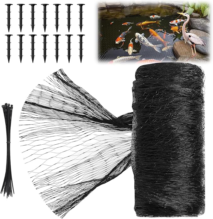 Koi Pond Netting Kit 10 x 10ft, Bird Deer Fence Netting, Durable Net Cover for Leaves, Heavy Duty Fine Mesh, Protect Fish from Blue Heron Birds, Cats & Predators, 14pcs Stakes & Ties Included