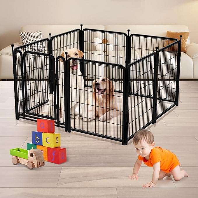 Dog Playpen 48 inch(H) 4 Panels Dog Fence Outdoor for Yard. Metal Dog Pen Heavy Duty Pet Puppy Exercise Pen for Rv Camping Garden Yard, Wide Door Low Threshold Dog Fence Total 8.9 Ft(L)
