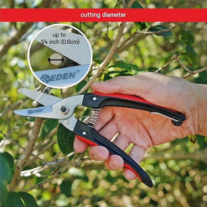 Eden 39006 Durable Bypass Trimming Shears, 1/4 Inch Cutting Diamter For Stems and Branches, HIgh Carbon Steel, Ergonomic Grip