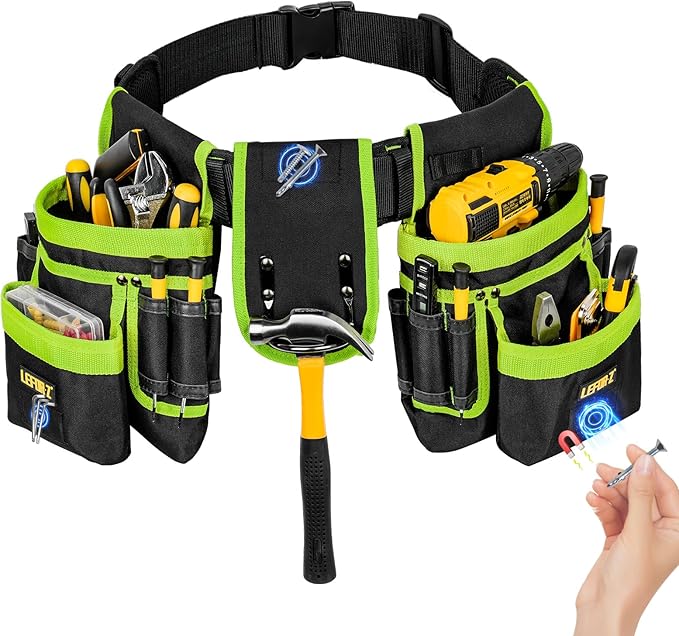 Tool Belt,Magnetic Tool Pouch,27-Pockets Heavy Duty Padded Tool Belts for Men,Detachable & Adjustable Tool Pouch Bag for Electrician,Carpenter,Construction,Work Apron,Utility Belt,Black,Green