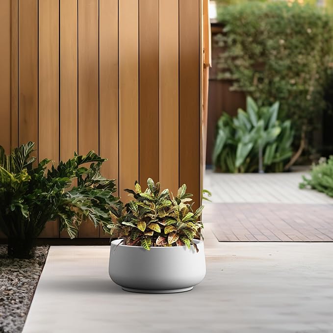 Kante 13.4" Dia Round Curvy Concrete Planter, Large Plant Pots with Drainage Hole and Rubber Plug for Indoor Outdoor Plants, Flower Pot for Home Garden Patio Porch, White